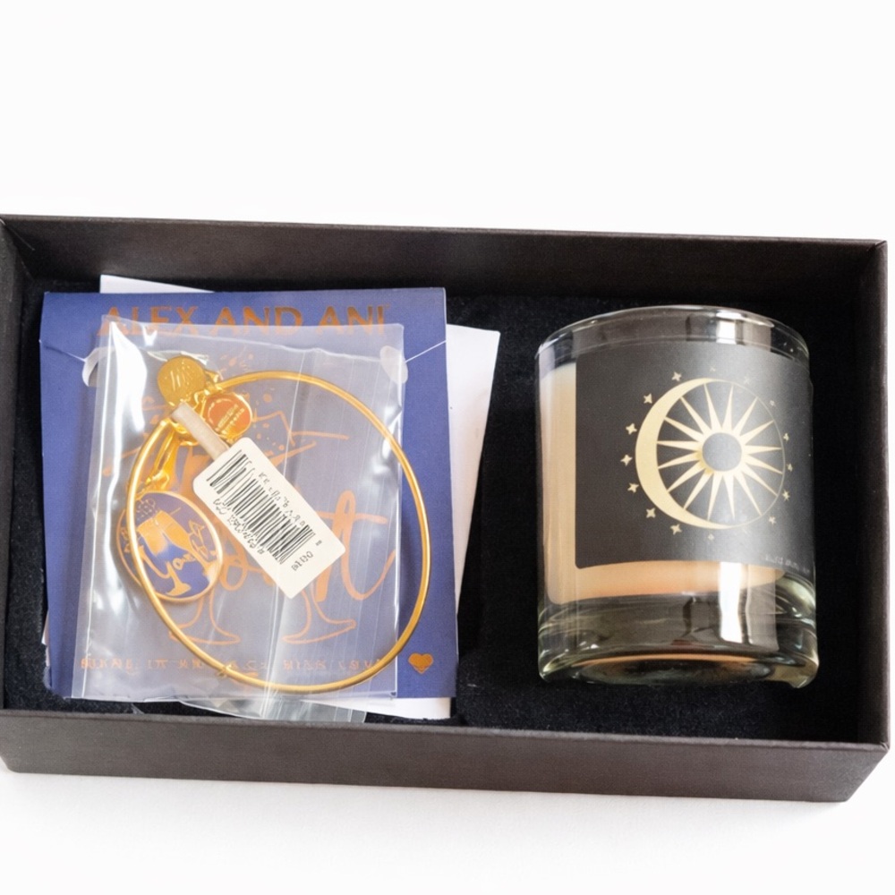 Alex and Ani Gold Expandable Bangle Bracelet + Candle Gift Set In Box
